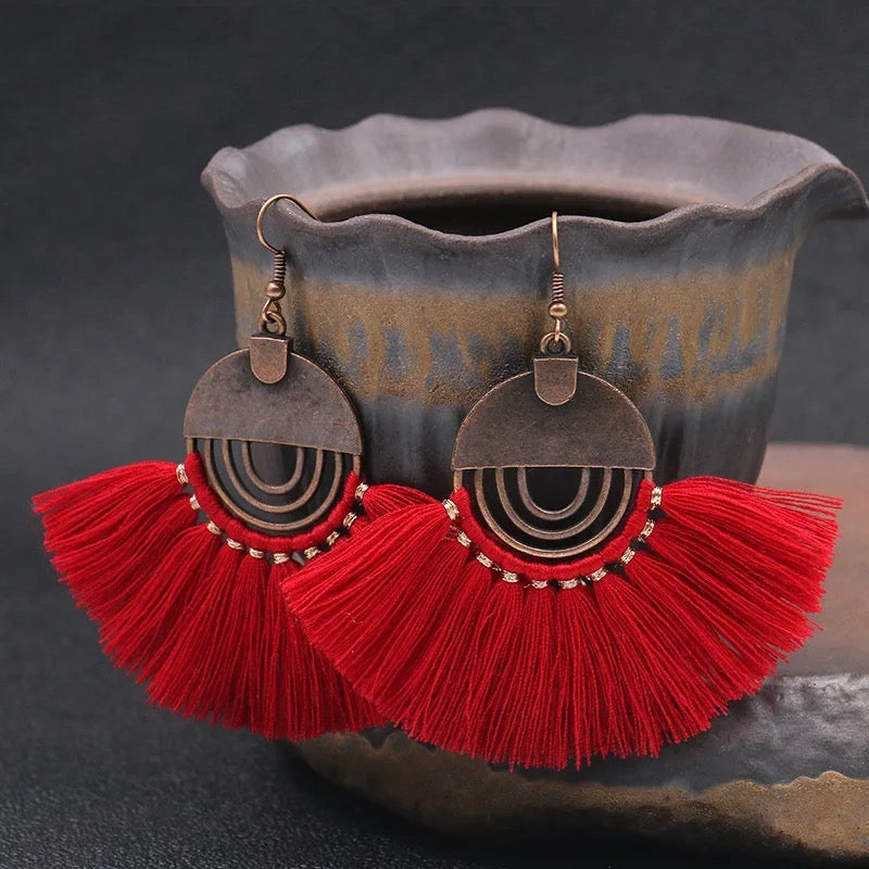 Red fan hot sale tassel earrings