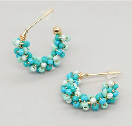 Beaded hoop earrings (small) - Aqua