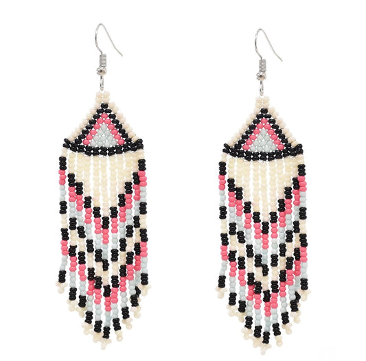 Beaded handmade tassel earrings - White