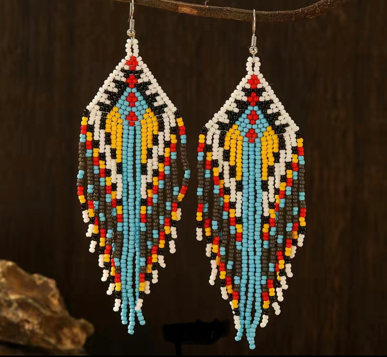 Aztec beaded large statement tassel earrings - White