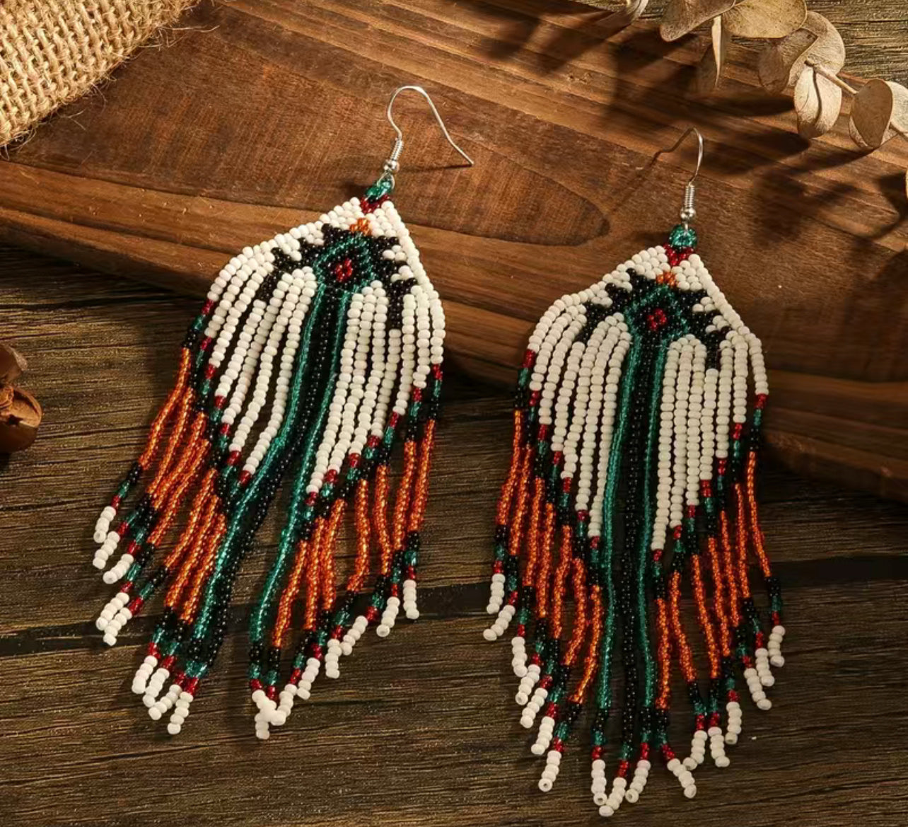 Aztec beaded large statement tassel earrings - White